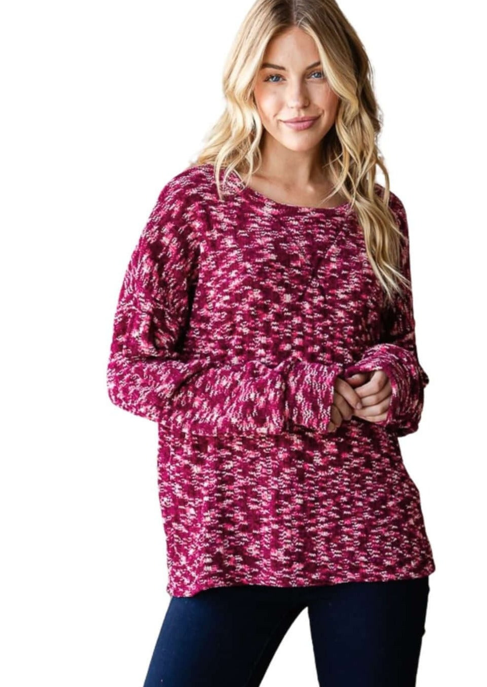 Super Soft Two Tone Teddy Bear Sweater Relaxed Oversized Fit in burgundy, pink & white | Made in USA | Classy Cozy Cool American Made Boutique