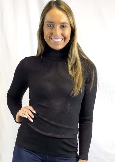 Women's Black Mock Neck Fitted Ribbed Knit Long Sleeve Top | Made in USA