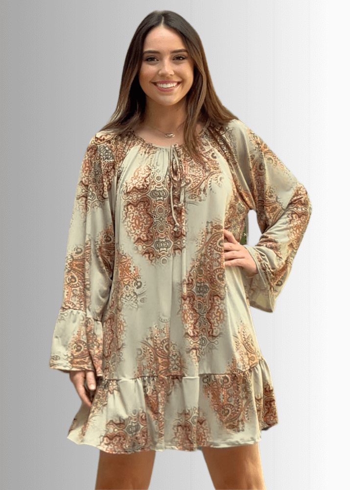 Made in USA Women's Boho Beautiful Lightweight Jersey A-Line Mini Dress, Long Sleeves, Ruffled Hem and Cuffs, Tie Front Detail in Sage | Classy Cozy Cool Made in America Boutique