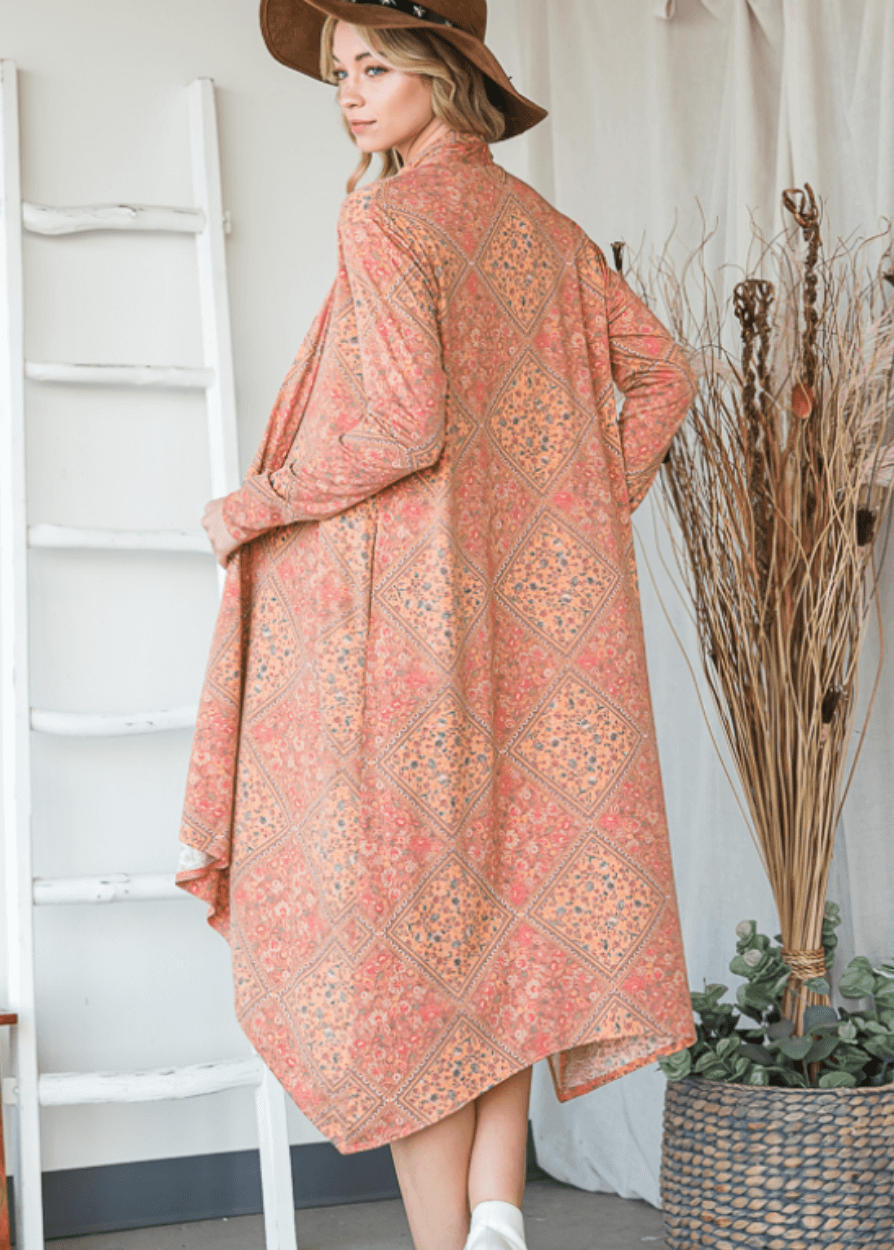 Made in USA Women's Lightweight Bohemian Open Front Cardigan with Side Pockets in Multi Olive or Pumpkin | Bucket List Style T1537