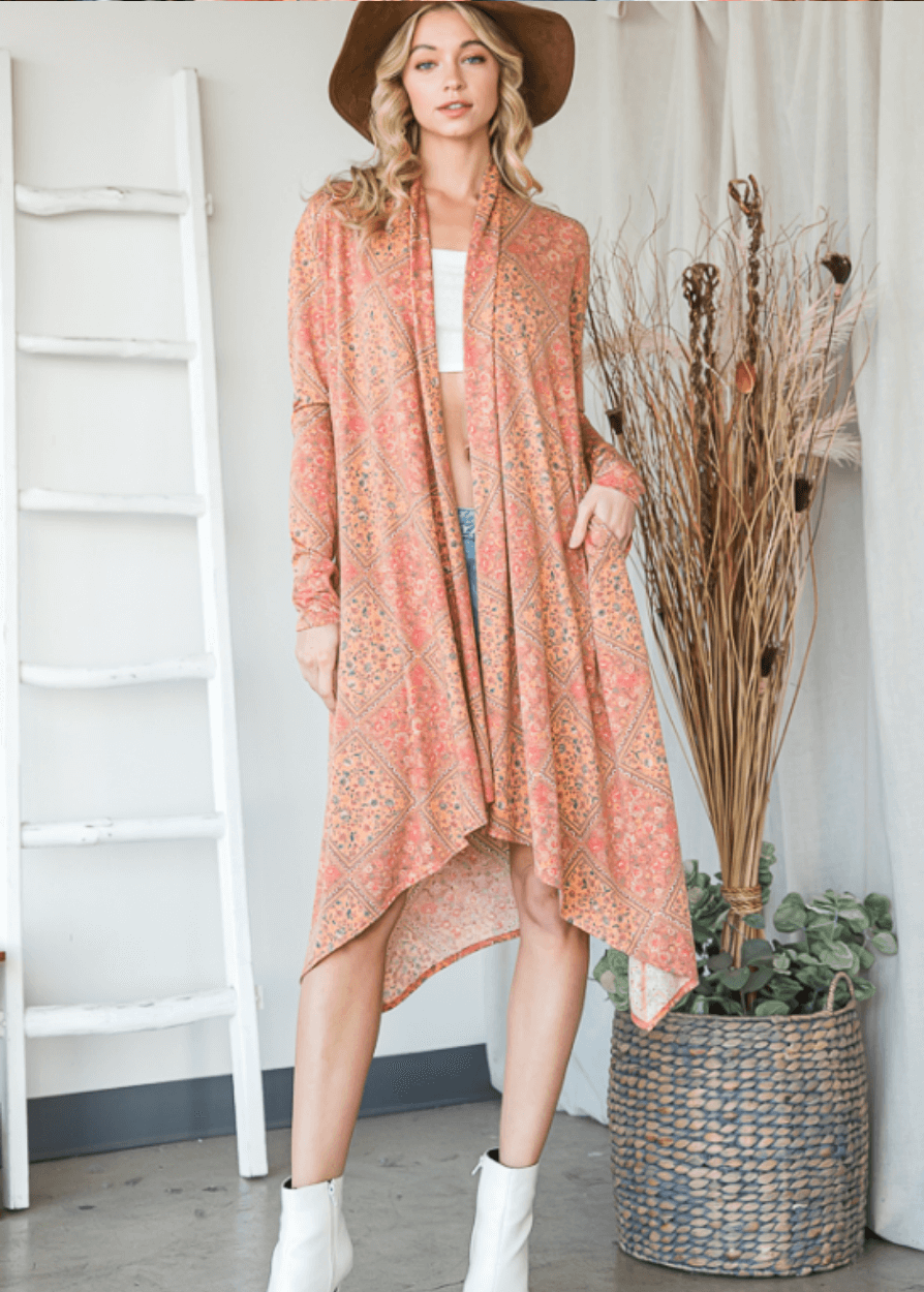Made in USA Women's Lightweight Bohemian Open Front Cardigan with Side Pockets in Multi Olive or Pumpkin | Bucket List Style T1537