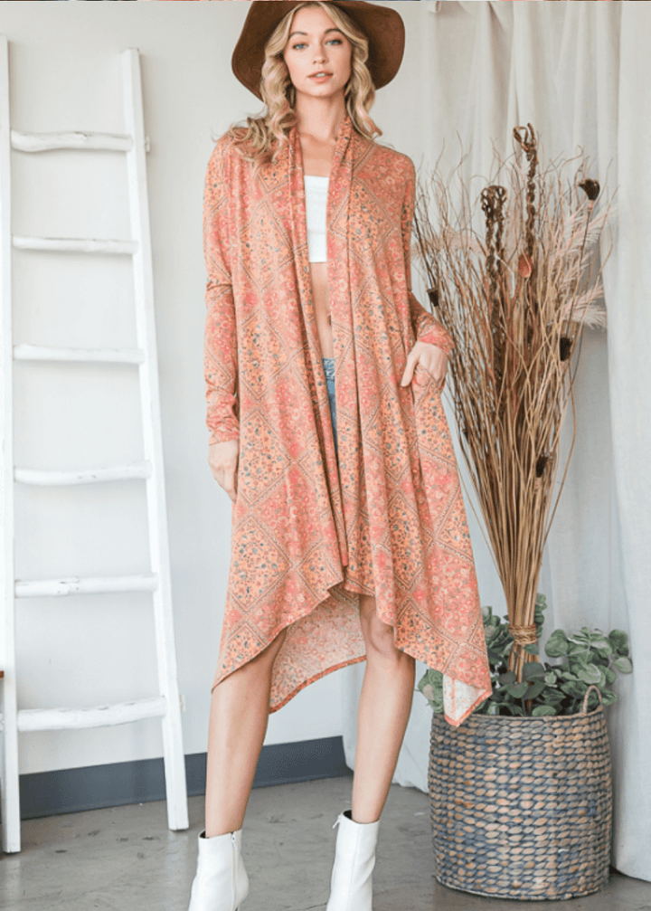 Made in USA Women's Lightweight Bohemian Open Front Cardigan with Side Pockets in Multi Olive or Pumpkin | Bucket List Style T1537