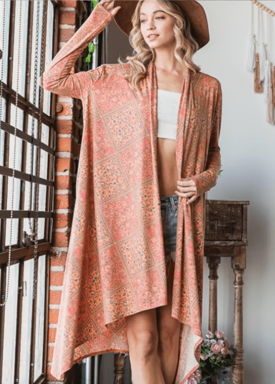 Made in USA Women's Lightweight Bohemian Open Front Cardigan with Side Pockets in Multi Olive or Pumpkin | Bucket List Style T1537