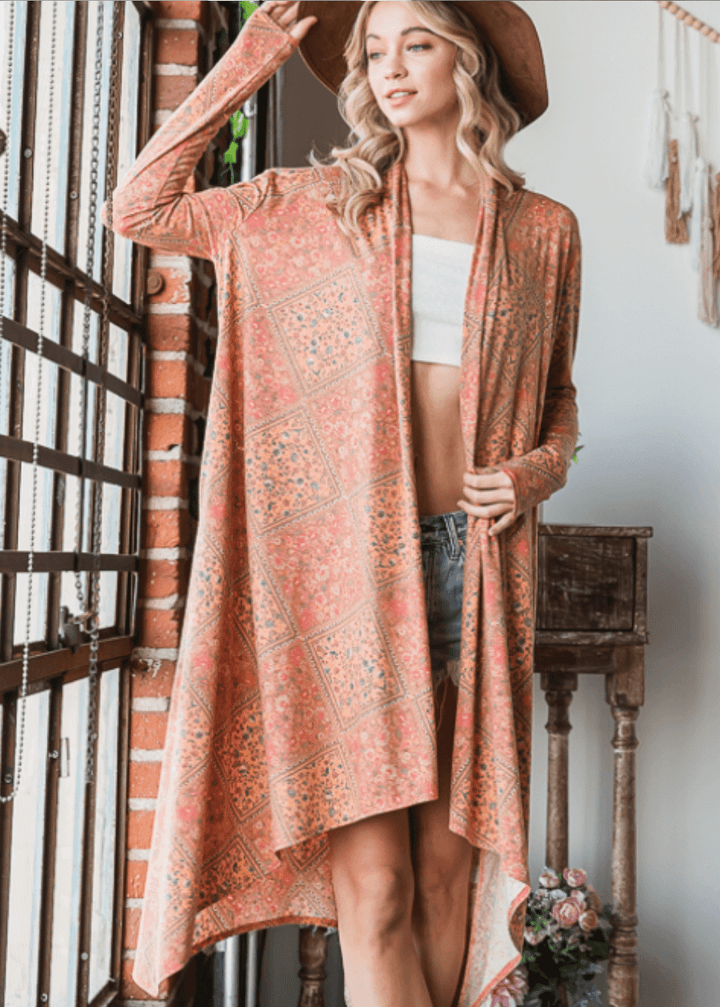 Made in USA Women's Lightweight Bohemian Open Front Cardigan with Side Pockets in Multi Olive or Pumpkin | Bucket List Style T1537