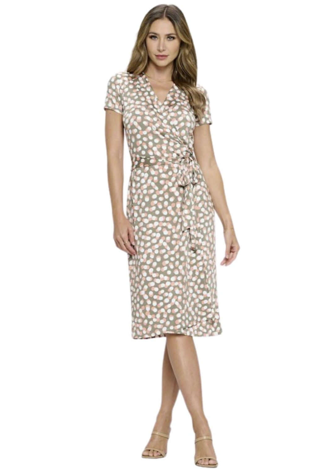 Ladies Taupe Polka Dot Print Midi Jersey Wrap Dress | Renee C. Style# S4329DRK | Made in USA | Classy Cozy Cool Women's Made in America Clothing Boutique