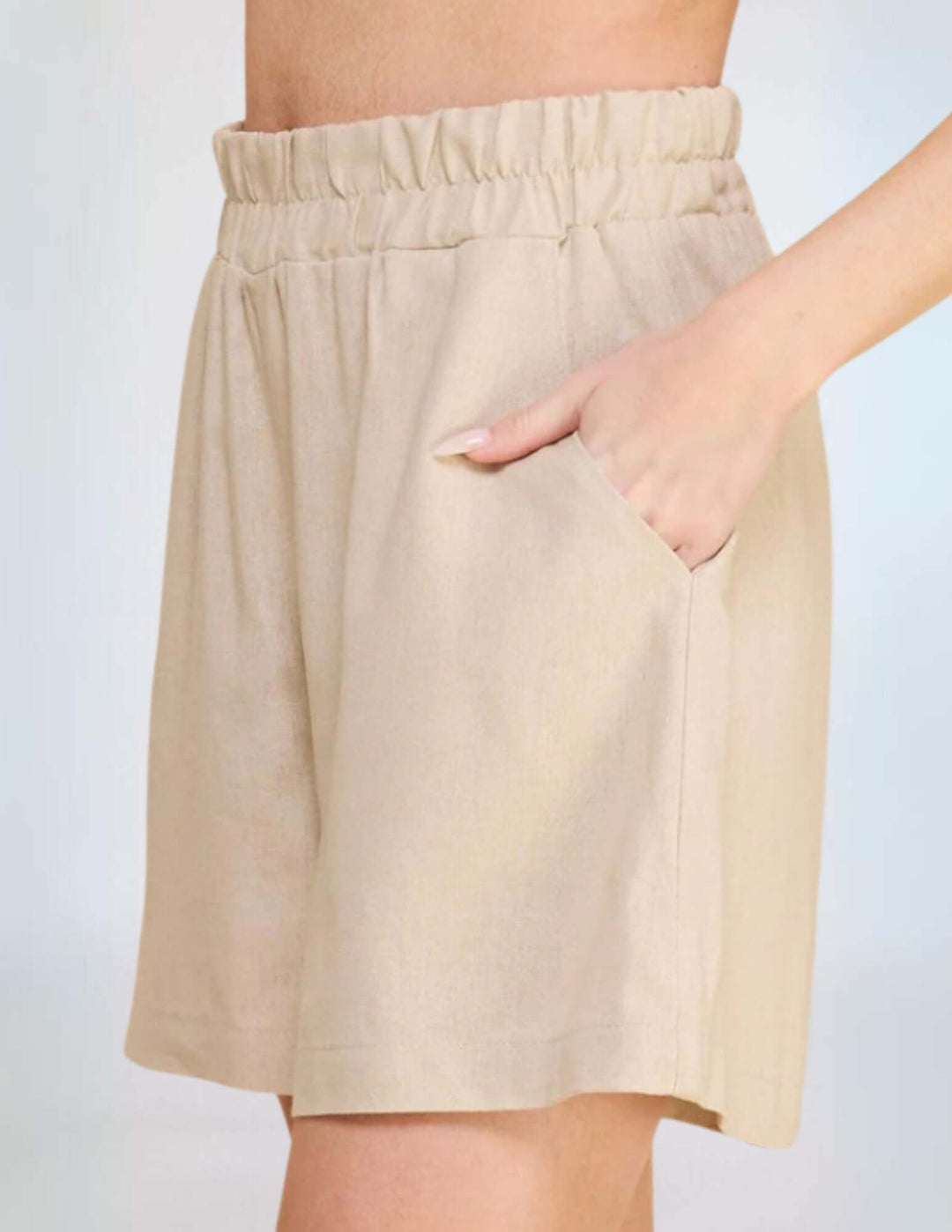 USA Made Women's Amari Linen Blend Walking Shorts in Natural Tan  | Classy Cozy Cool Made in America Clothing Boutique