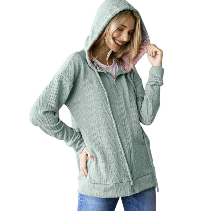 Classy Cable Knit Hoodie With Printed Hood Detail Made in USA