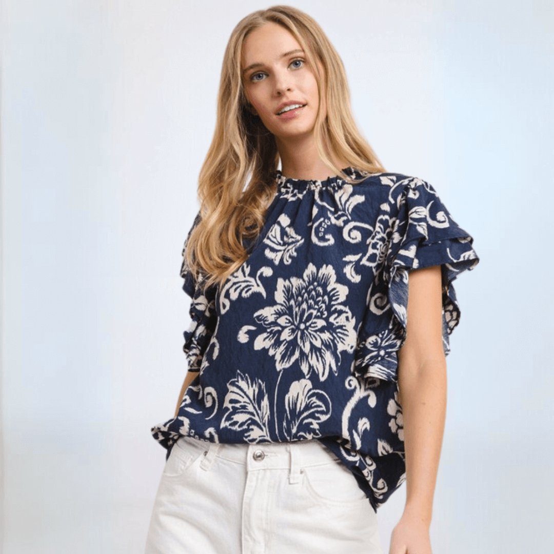 Made in USA Women's Floral Navy Flutter Sleeve Top Comfortable Relaxed Fit | Classy Cozy Cool Made in America Boutique