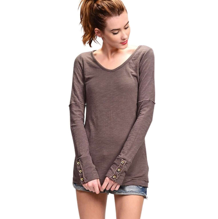 USA Made Women's Fitted Double Layer Cotton Raw Edge Long Sleeve Top With Wooden Button Cuffs in Mocha | Classy Cozy Cool Women's Made in America Clothing Boutique
