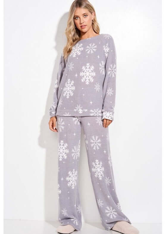 USA Made Light Grey Snowflake Christmas Super Soft Loungewear Pajama Set | Proudly Made in the USA | Classy Cozy Cool Women's Made in America Fashion Boutique