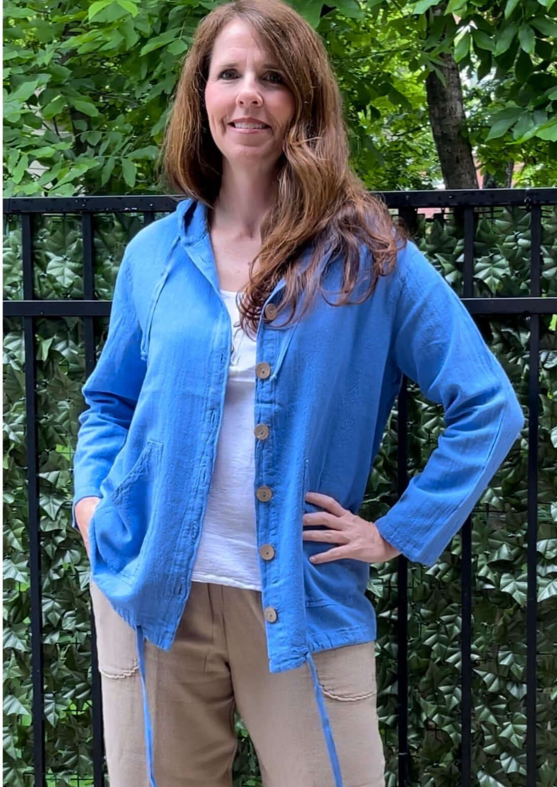 Made in USA Women's 100% Cotton Lightweight Button Down Beach Hoodie with Pockets in Blue | Classy Cozy Cool Women's Made in America Boutique