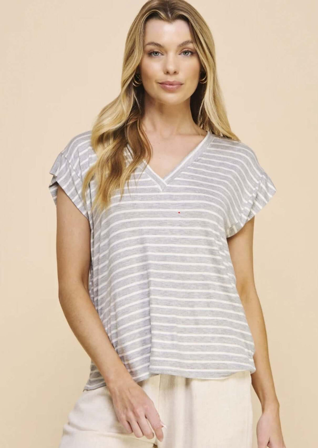 USA Made Women's Super Soft Striped V-Neck Relaxed Fit Tee in Grey & White Stripes   | Classy Cozy Cool Made in America Clothing Boutique