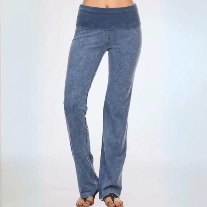Made in USA Women's Cotton Bootcut Jeggings with Fold Over Waist in Mineral Washed Light Denim | Chatoyant Style C30136 | Classy Cozy Cool Women's Made in America Clothing Boutique
