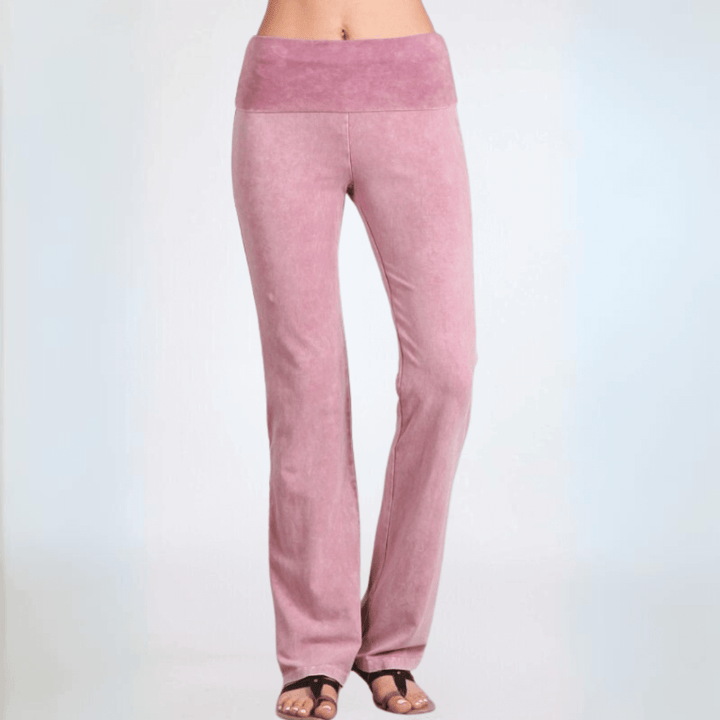 Women's Made in USA Mineral Washed Cotton Bootcut Jeggings with Fold Over Waistband in Rose Pink | Style C30136 |Classy Cozy Cool Made in America Boutique 