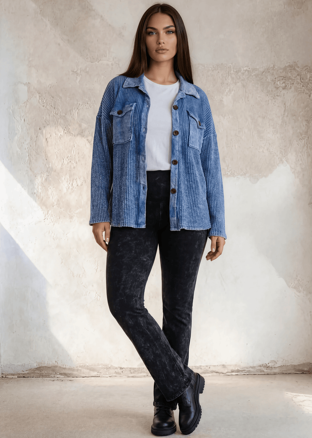 Denim Blue Plus Size Vintage Wash Cotton Shacket - CLEARANCE FINAL SALE