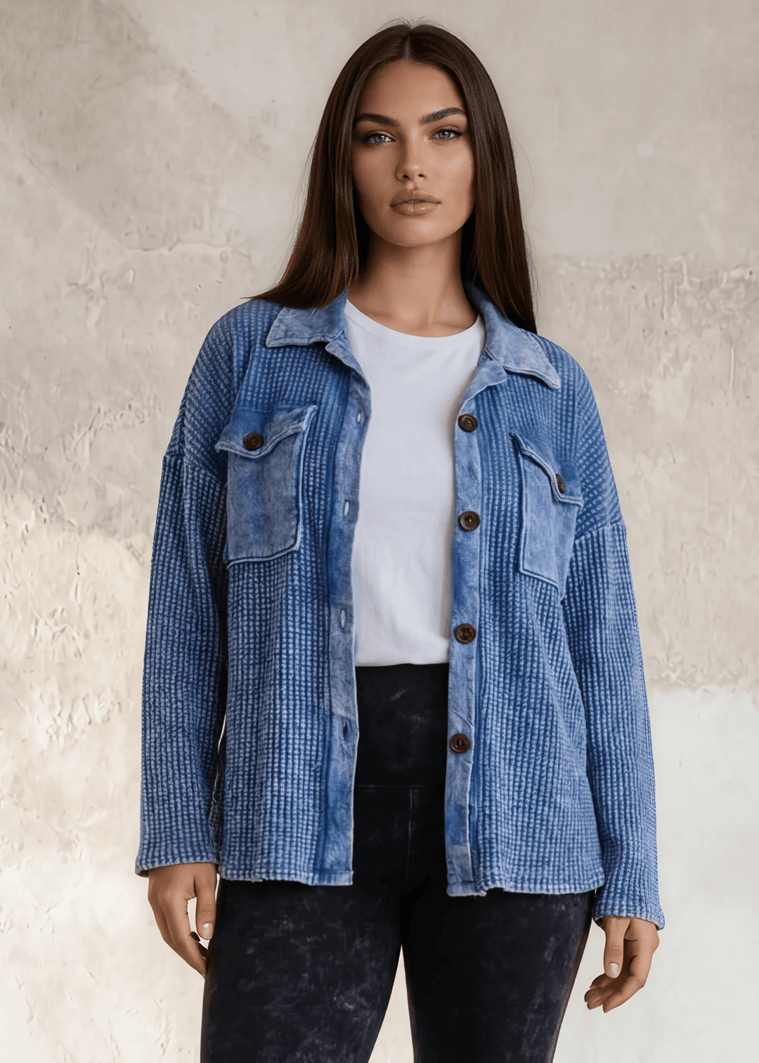 Denim Blue Plus Size Vintage Wash Cotton Shacket - CLEARANCE FINAL SALE