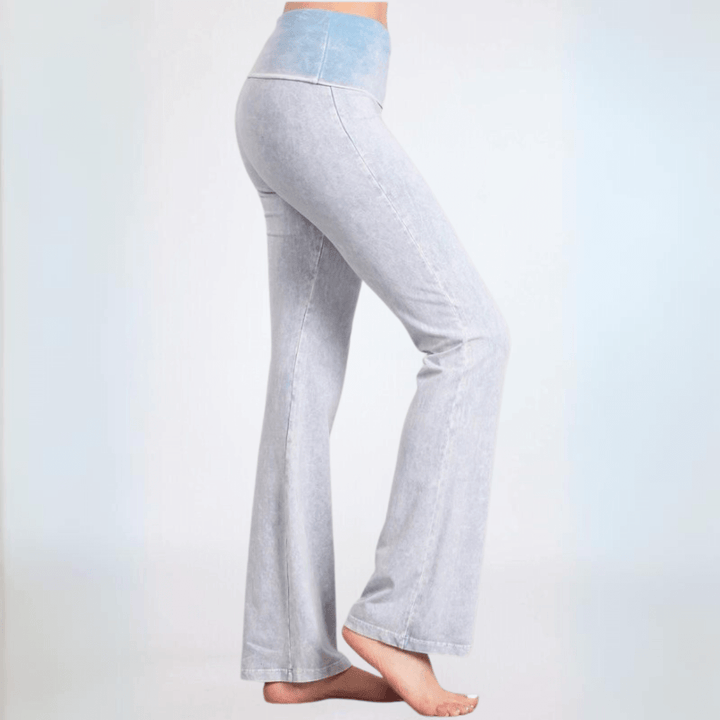 Women's Made in USA Mineral Washed Cotton Bootcut Jeggings with Fold Over Waistband in Powder Blue | Style C30136 |Classy Cozy Cool Made in America Boutique 