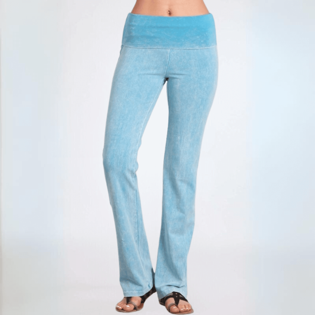 Women's Made in USA Mineral Washed Cotton Bootcut Jeggings with Fold Over Waistband in Sky Blue  | Style C30136 |Classy Cozy Cool Made in America Boutique