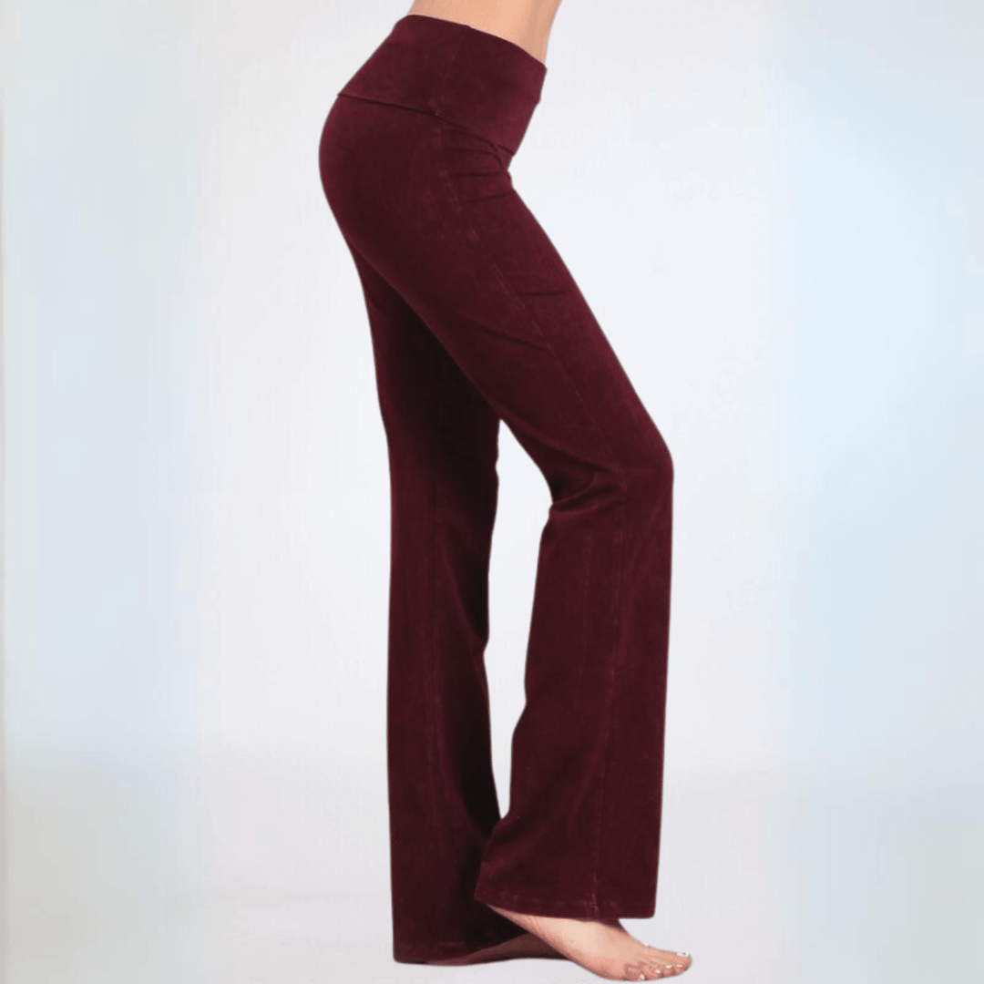 Women's Made in USA Mineral Washed Cotton Bootcut Jeggings with Fold Over Waistband in Burgundy | Style C30136 |Classy Cozy Cool Made in America Boutique 