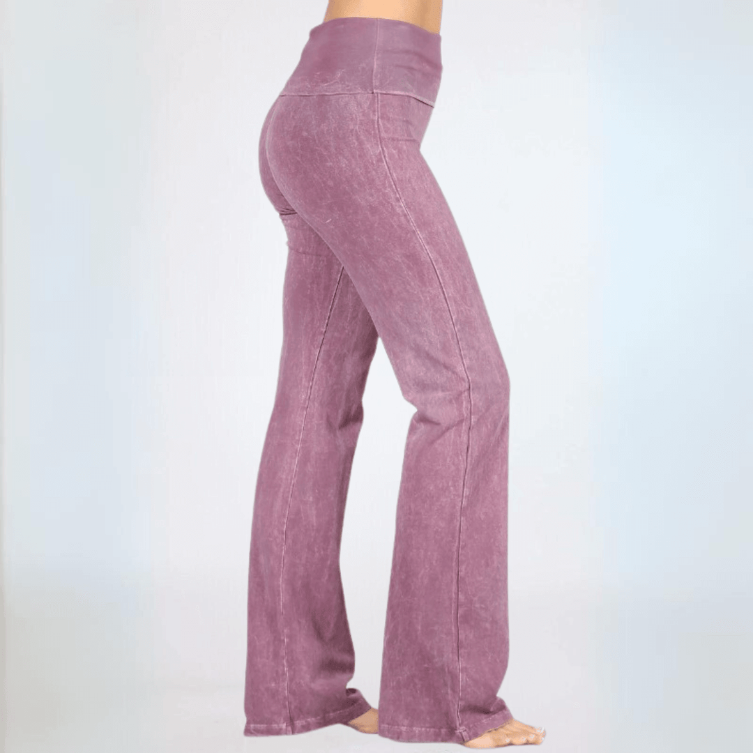 Women's Made in USA Mineral Washed Cotton Bootcut Jeggings with Fold Over Waistband in Dusty Rose | Style C30136 |Classy Cozy Cool Made in America Boutique 
