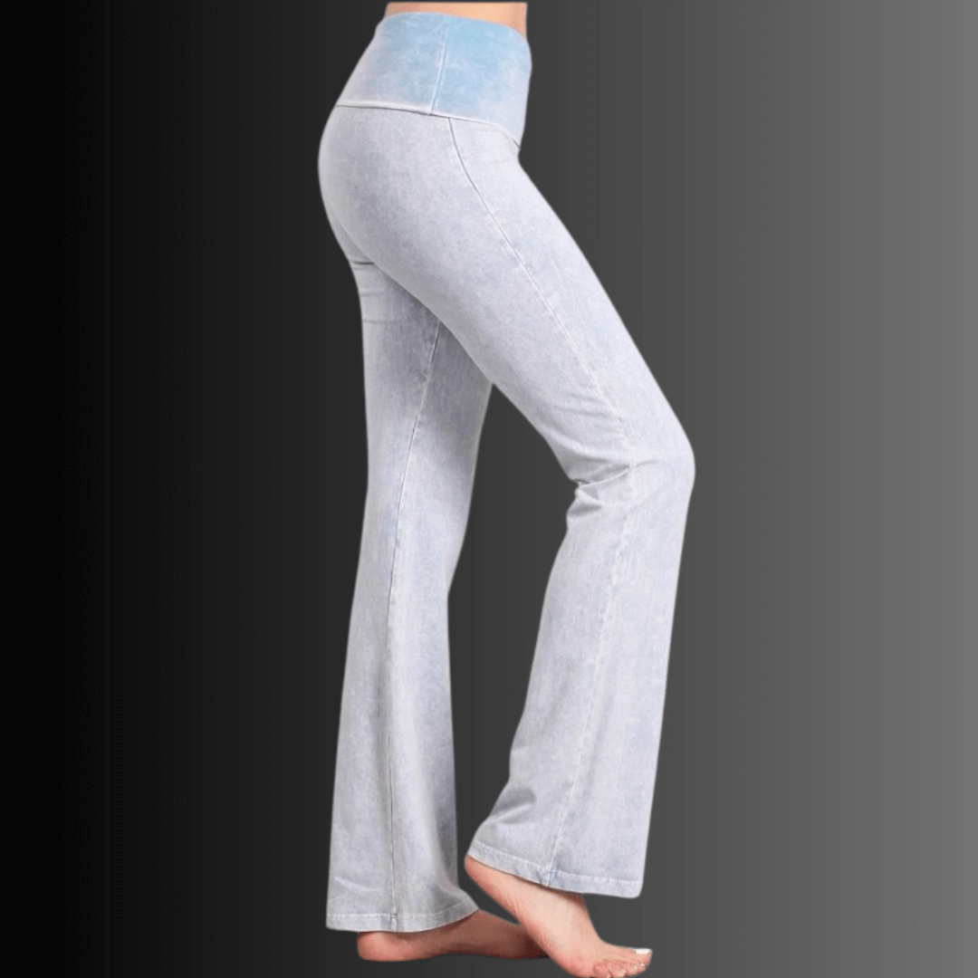 Made in USA Women's Cotton Bootcut Jeggings with Fold Over Waist in Mineral Washed Light Powder Blue  | Style C30136 | Classy Cozy Cool Made in America Boutique