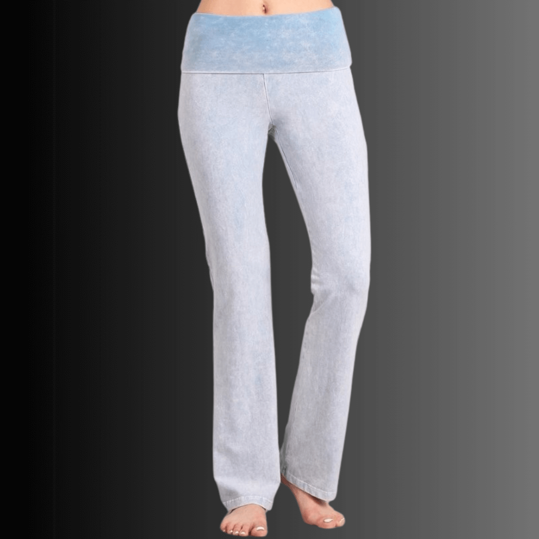 Made in USA Women's Cotton Bootcut Jeggings with Fold Over Waist in Mineral Washed Light Powder Blue  | Style C30136 | Classy Cozy Cool Made in America Boutique