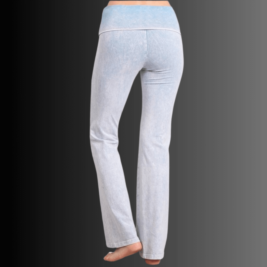 Made in USA Women's Cotton Bootcut Jeggings with Fold Over Waist in Mineral Washed Light Powder Blue  | Style C30136 | Classy Cozy Cool Made in America Boutique