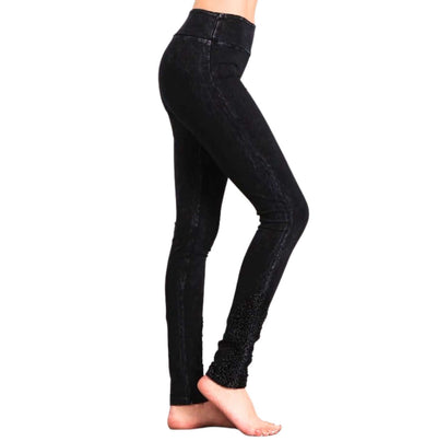 Made with USA Cotton | Chatoyant Mineral Washed Jeggings with Crochet Ankle Detail Hem in Black Mineral Washed  Style# C30396 | Women's Fashion Clothing made in USA | Classy Cozy Cool