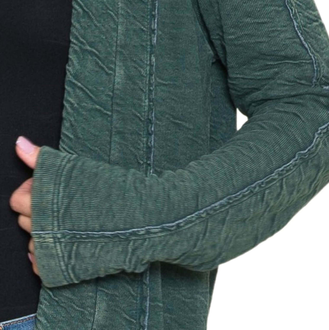 USA Made Women's Garment Dyed Vintage Washed Open Front Textured Cardigan in Hunter Green | American Able Style# 418108 | Classy Cozy Cool Made in America Clothing Boutique