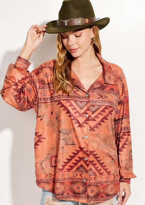 Women's Aztec Design Lightweight Suede Shirt Jacket in Rust Color  | Made in USA | Classy Cozy Cool Made in America Women's Clothing Boutique