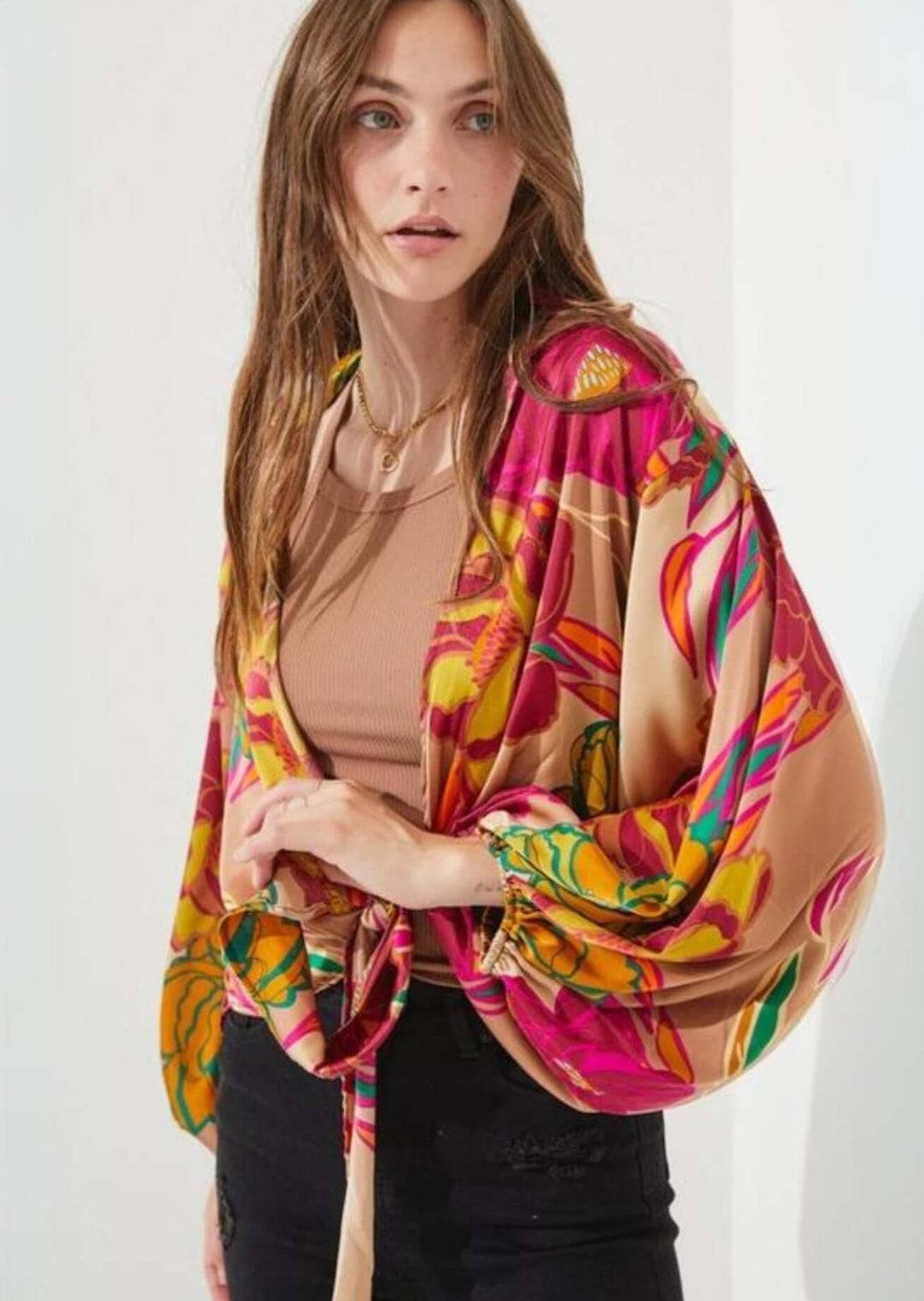 Made in USA Women's Tie Front Floral Kimono Cardigan with Puff Sleeves in Taupe, Fuchsia, Mustard & Green Floral Pattern | Classy Cozy Cool Women's Made in America Boutique