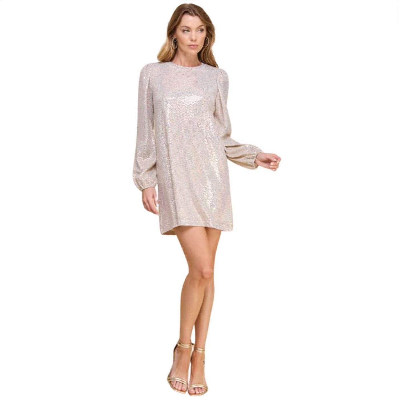 Woman's Glam Silver Sequins Mini Dress for Holiday Party | Made in USA | Featuring shimmering sequins, long puff sleeves, and a figure-flattering cut