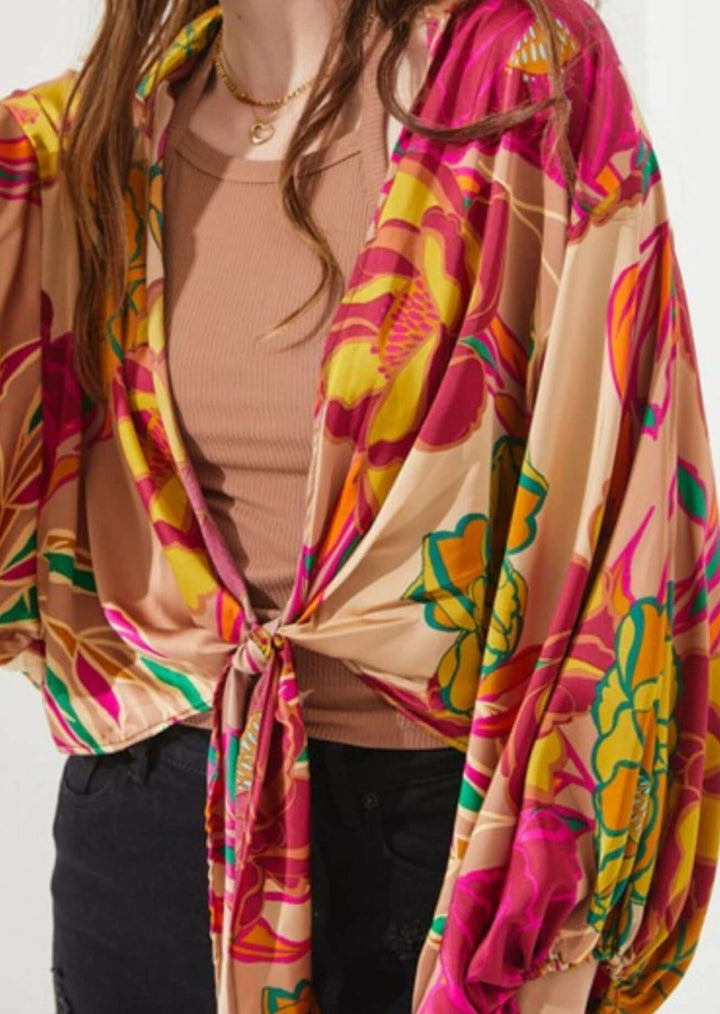 Made in USA Women's Tie Front Floral Kimono Cardigan with Puff Sleeves in Taupe, Fuchsia, Mustard & Green Floral Pattern | Classy Cozy Cool Women's Made in America Boutique