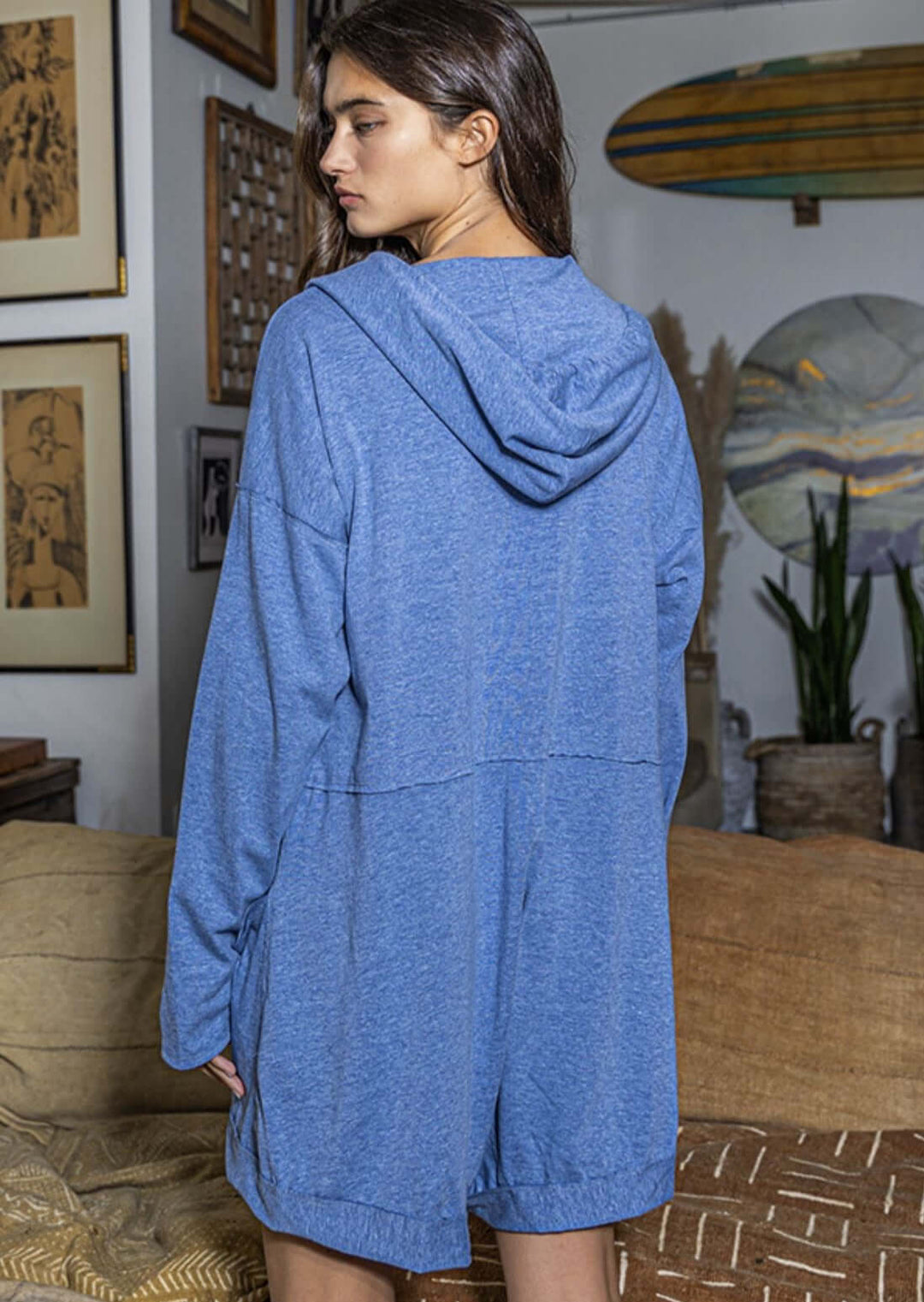 Bucket List Style# R5348 | Women's Bucket List Cotton Slub Fabric Slouchy Long Sleeve Blue Romper | Made in USA | Classy Cozy Cool Women's Made in America Boutique