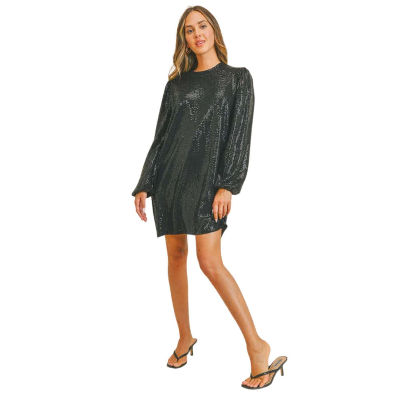 Woman's Glam Black Sequins Mini Dress for Holiday Party | Made in USA | Featuring shimmering sequins, long puff sleeves, and a figure-flattering cut