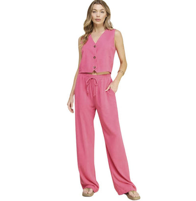 USA Made Linen Blend Bootcut Pants with Pockets in Fuchsia - Relaxed Fit Drawstring & Elastic Waist Side | Brand: If She Loves Style# ISP1235L | Made in America Boutique