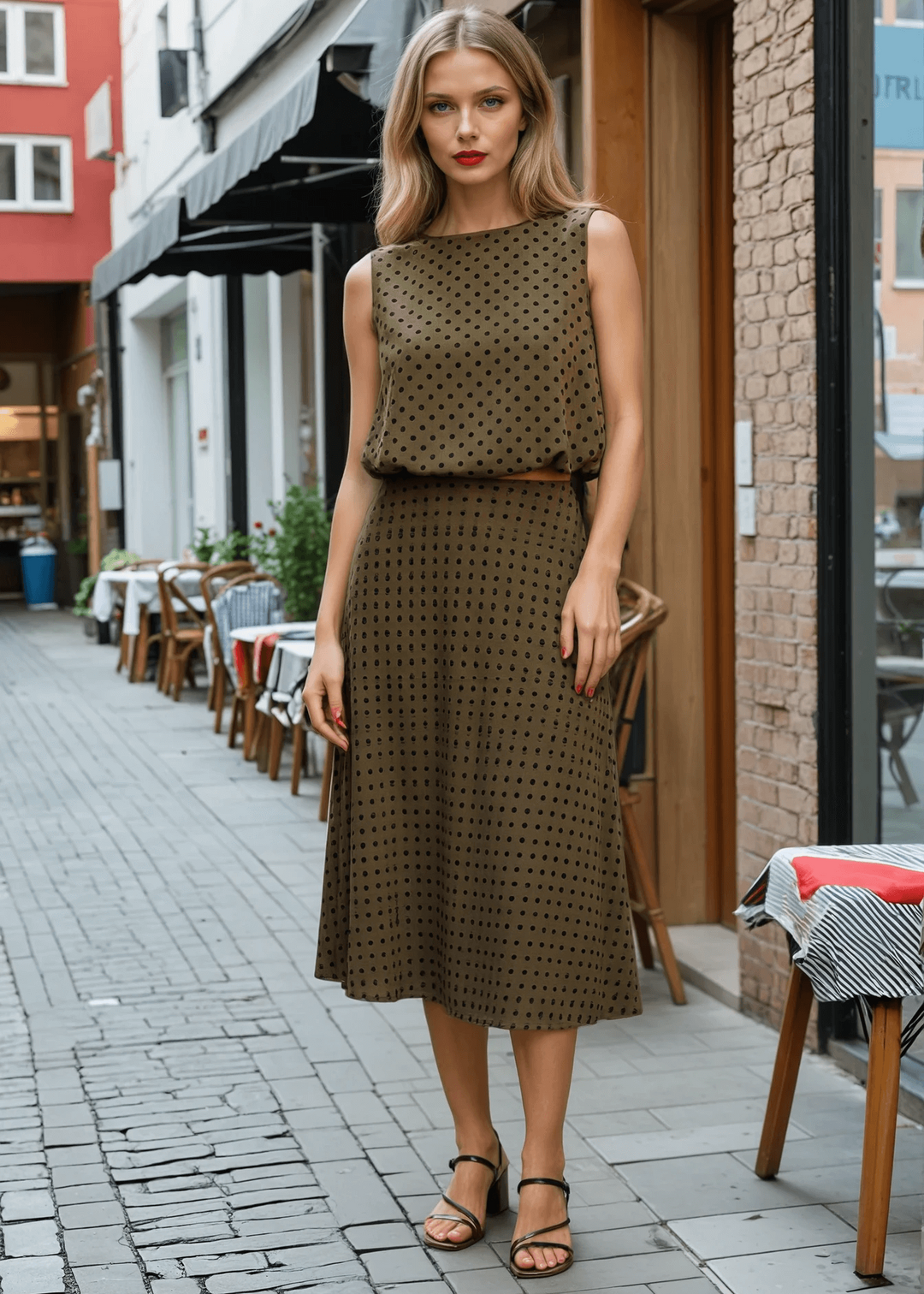 Elevate your wardrobe with this expertly crafted in USA  midi swing skirt, designed to flatter and move with you. The soft flocked polka dot pattern in dark olive green with black dots adds visual interest while maintaining sophistication. 