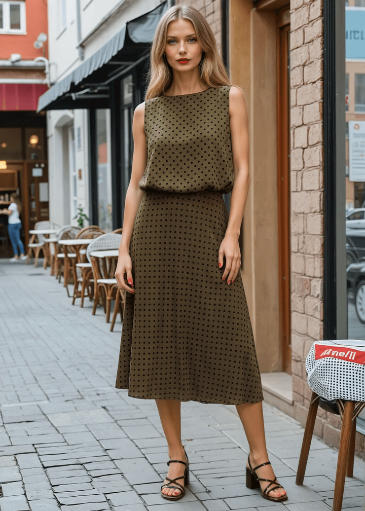 Elevate your wardrobe with this expertly crafted in USA  midi swing skirt, designed to flatter and move with you. The soft flocked polka dot pattern in dark olive green with black dots adds visual interest while maintaining sophistication. 