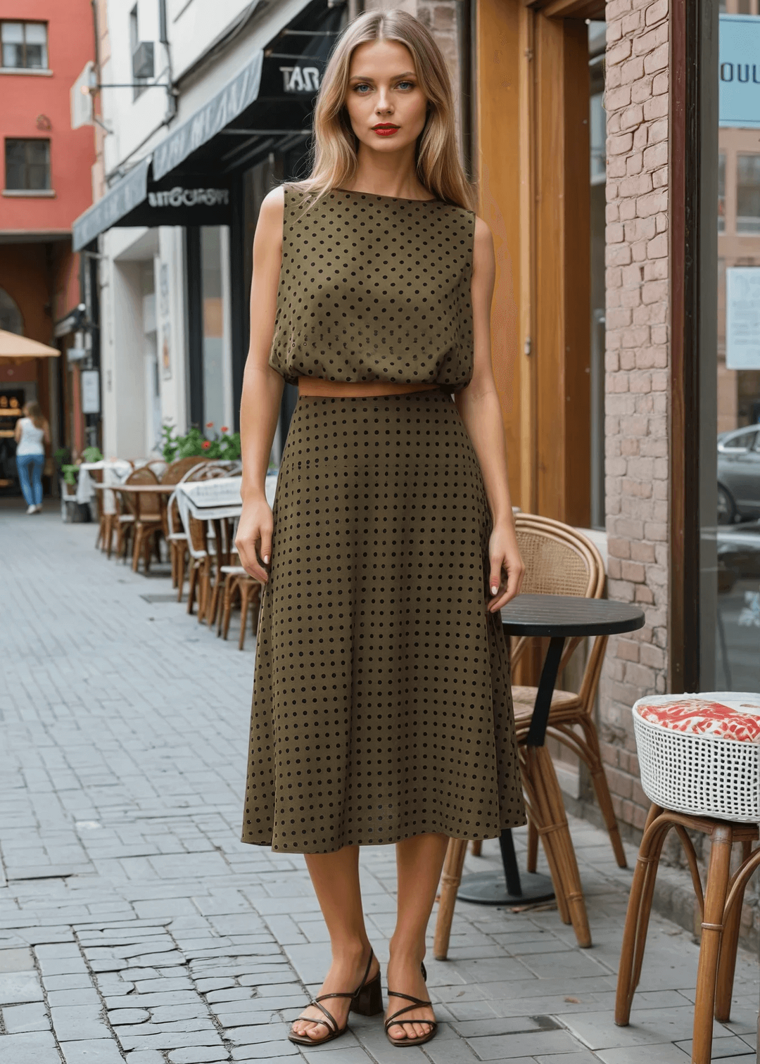 Elevate your wardrobe with this expertly crafted in USA  midi swing skirt, designed to flatter and move with you. The soft flocked polka dot pattern in dark olive green with black dots adds visual interest while maintaining sophistication. 