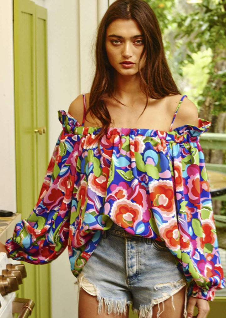 Bucket List Fashion Made in USA | Bucket List Clothing Style T2010 | Women's Floral Off Shoulder Ruffled Blouse with Spaghetti Straps and Long Puff Sleeves