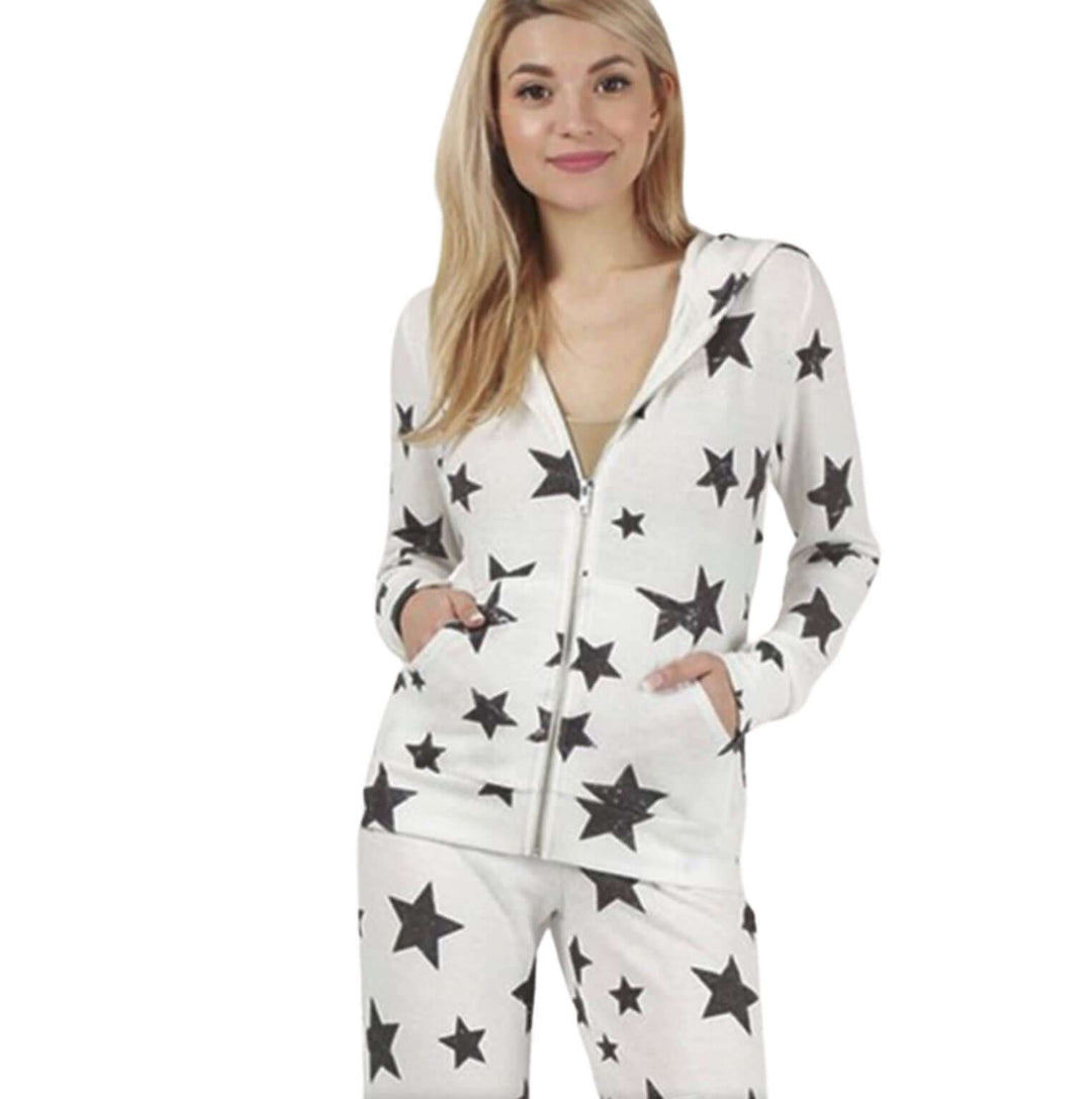 Made in USA Super Soft Loungewear Set Includes Zip Up Hoodie & Joggers with Stars Design in Off White with Charcoal Black Stars | Classy Cozy Cool Women's Made in America Clothing Boutique