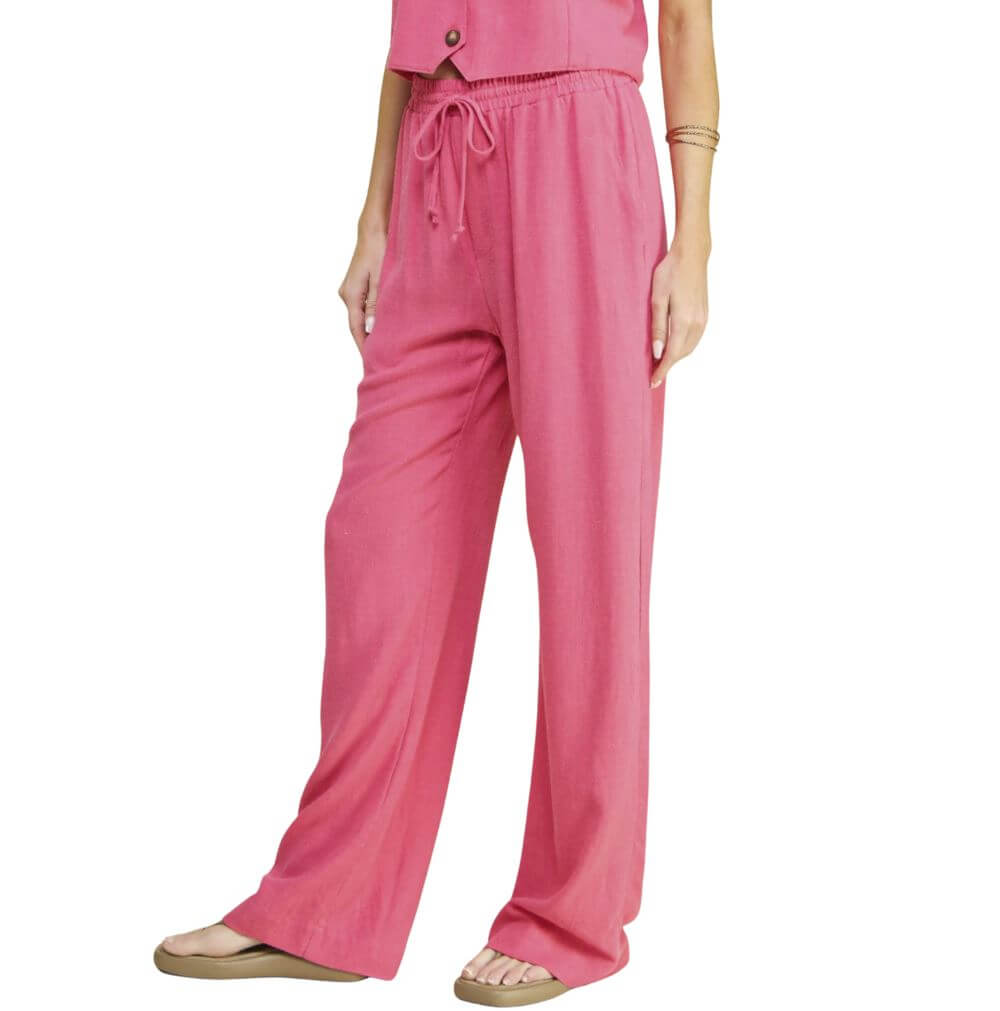 USA Made Linen Blend Bootcut Pants with Pockets in Fuchsia - Relaxed Fit Drawstring & Elastic Waist Side | Brand: If She Loves Style# ISP1235L | Made in America Boutique