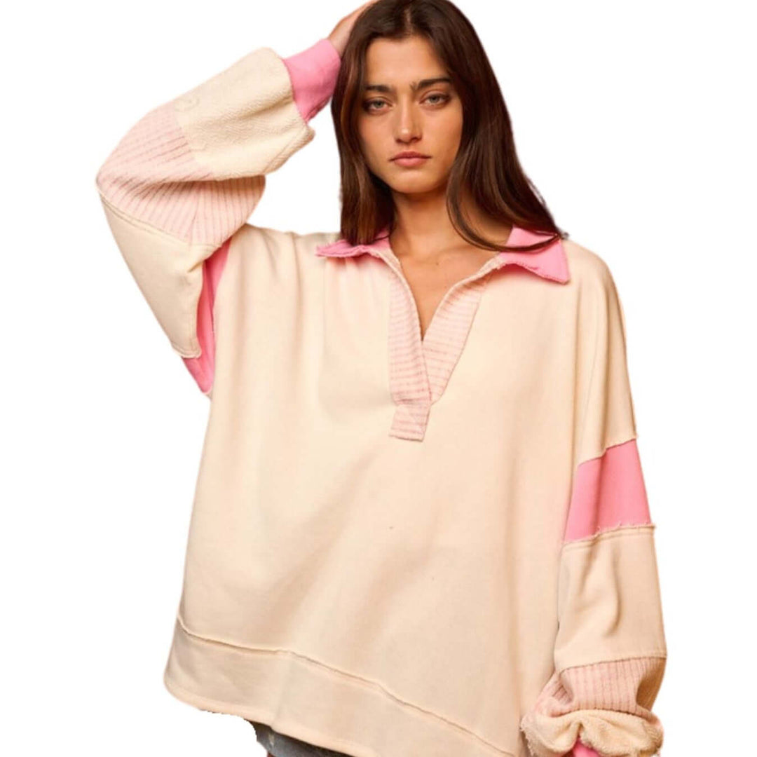 Brand: Bucket List Style# T2004 | Oversized Ladies French Terry Color Block Sweatshirt with Collar in Pink & Cream | Made in USA | Classy Cozy Cool Women's Made in America Clothing Boutique