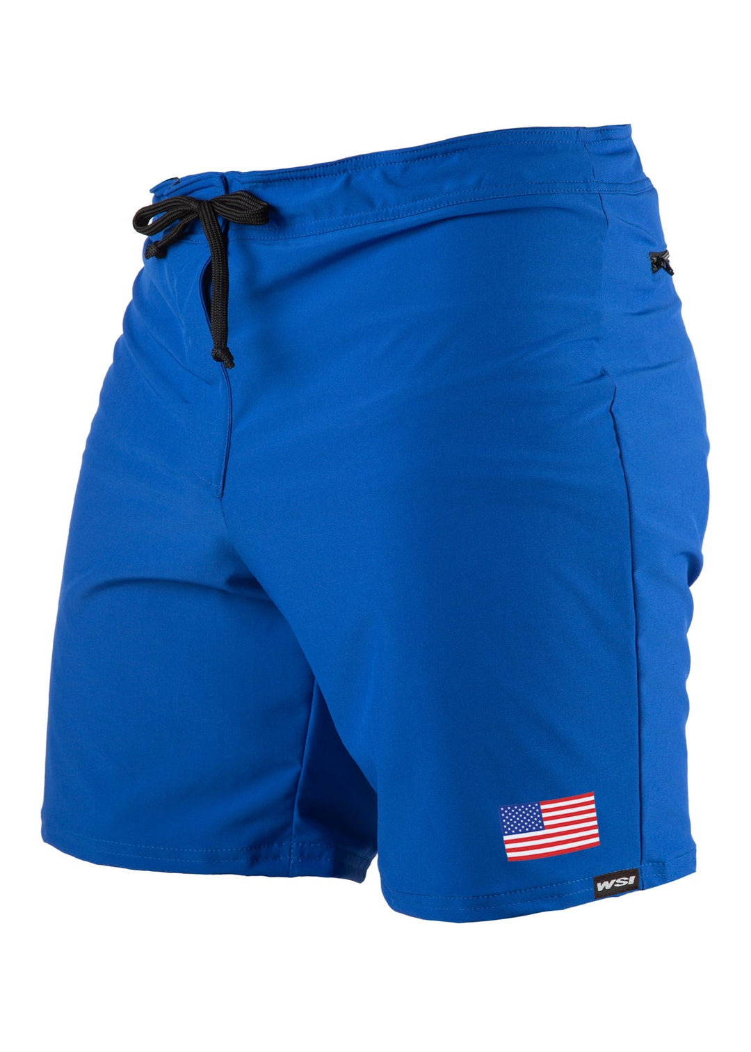 WSI Sportswear Men's Royal Blue Board Short with American Flag Detail, Made in USA, Zipper on back pocket, 7.5'' Inseam, Quick drying & durable Material Technology: Stretch woven is a lightweight, moisture-wicking fabric that was developed to help increase performance 94% Polyester, 6% Spandex Advanced wicking properties, anti-microbial properties, anti-snag technology Care Instructions: Machine wash cold, gentle cycle, with like colors Line Dry