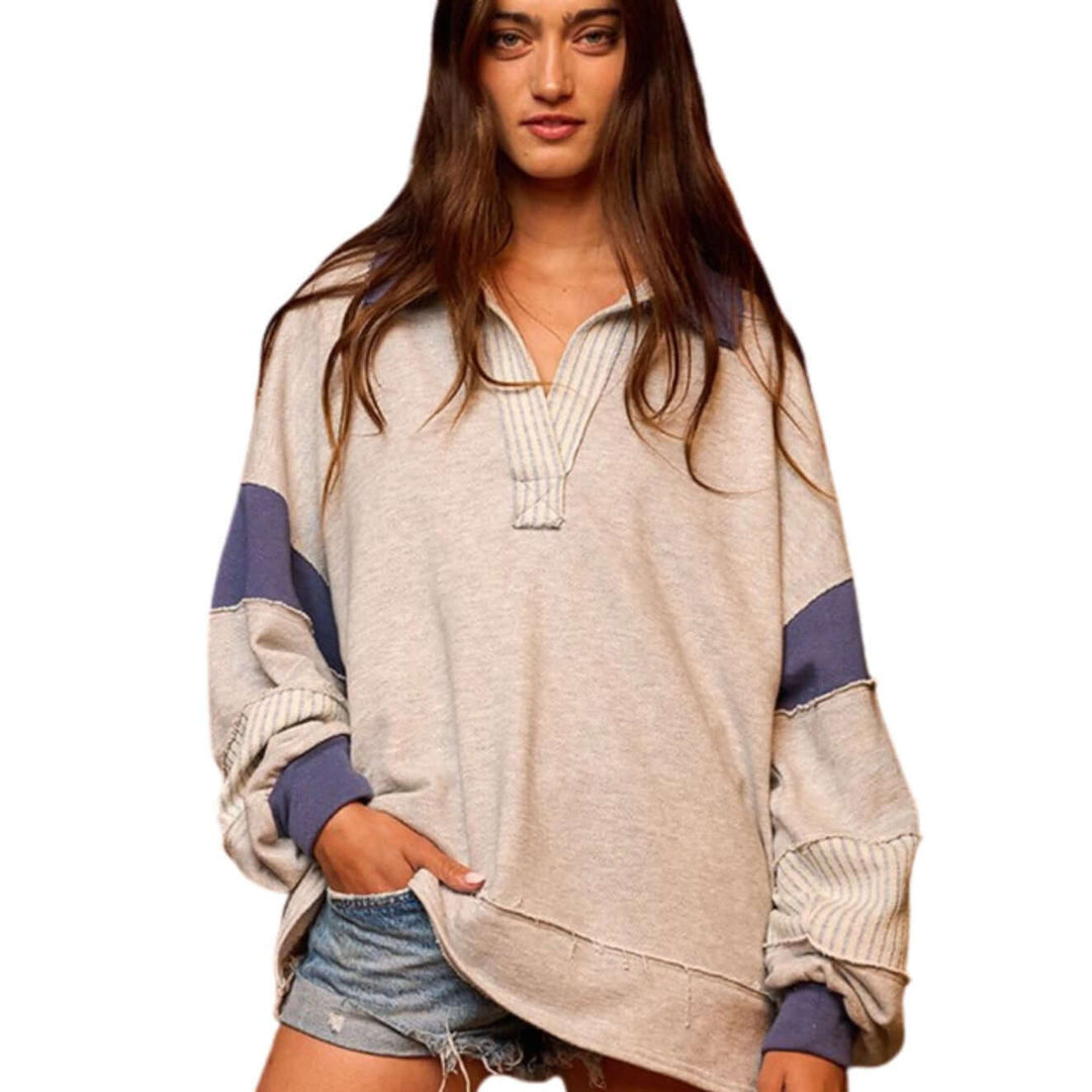 Brand: Bucket List Style# T2004 | Oversized Ladies French Terry Color Block Sweatshirt with Collar in Navy | Made in USA | Classy Cozy Cool Women's Made in America Clothing Boutique