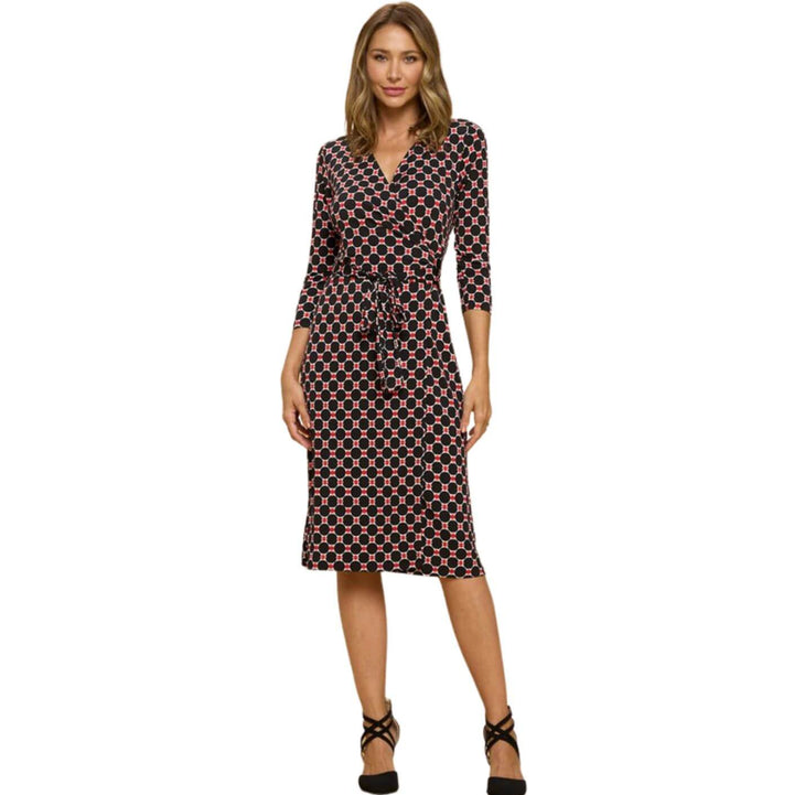 Beautiful Ladies Black & Red Geometrical Design Printed Wrap Midi Dress with 3/4 Sleeves | Renee C. Style 4329DRC | Proudly Made in USA | Classy Cozy Cool Clothing Boutique