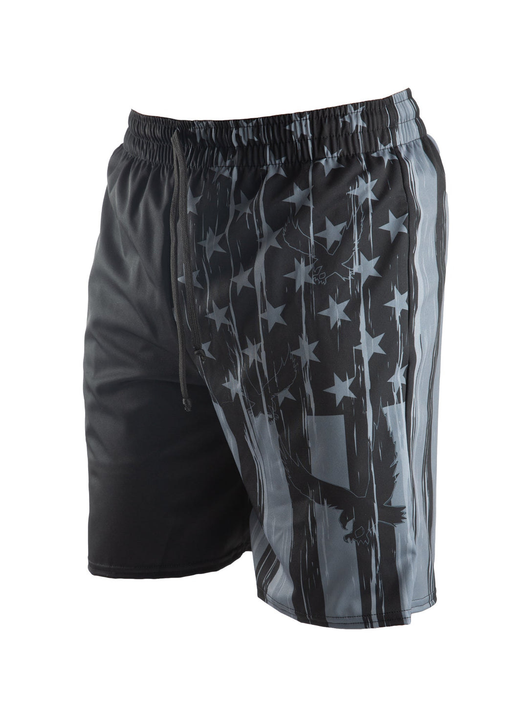 Made in USA. WSI Sportswear Men’s Eagle Flag Pocketed Swim Trunk. Quick Drying. Drawcord Waist. Patriotic Design. Gray.