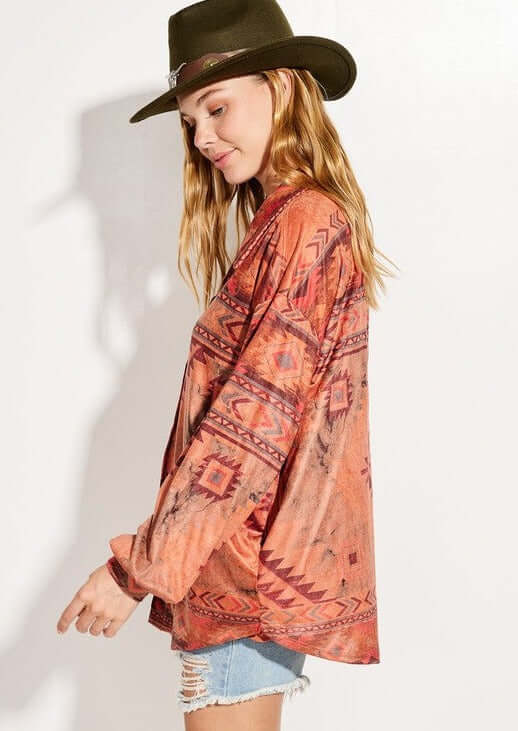 Women's Aztec Design Lightweight Suede Shirt Jacket in Rust Color  | Made in USA | Classy Cozy Cool Made in America Women's Clothing Boutique