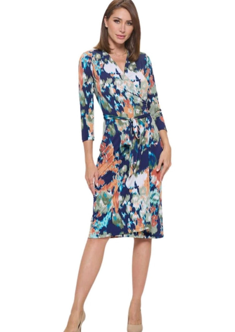 Beautiful Ladies Sienna Print Jersey Midi Wrap Dress with 3/4 Sleeves in Navy, Coral, Green, White & Turquoise | Renee C. Style 4329DR4 | Proudly Made in USA | Classy Cozy Cool Clothing Boutique