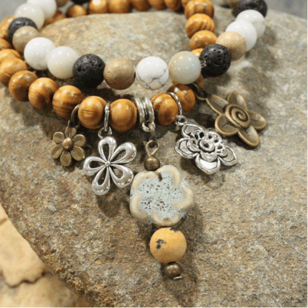 Natural Stone Jewelry Designed and Made in USA, Unique One-of-a-kind Vintage Inspired Set of 2 Beaded Stretch Bracelets in Neutral Colors with Flower Charms